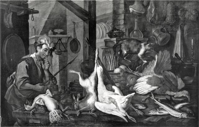 Gasparini — Duranti Giorgio - sec. XVIII - Interno di cucina con selvaggina, gatto, salumi, ortaggi e figura maschile — insieme